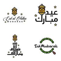 paquete moderno de 4 eidkum mubarak árabe tradicional tipografía kufic cuadrada moderna texto de saludo decorado con estrellas y luna vector