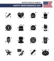 Happy Independence Day Pack of 16 Solid Glyphs Signs and Symbols for money cola burger summer glass Editable USA Day Vector Design Elements