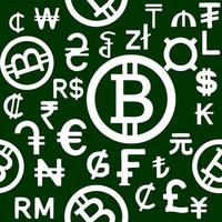 patrón blanco transparente de símbolos gráficos de diferentes monedas del mundo sobre un fondo verde, textura, diseño foto