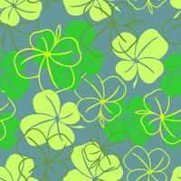 seamless pattern of green contours and silhouettes of a four-leaf clover on a blue background, texture design photo