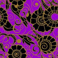 seamless pattern of large black flowers with a golden outline on a purple background, texture, design photo