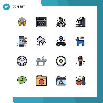 Mobile Interface Flat Color Filled Line Set of 16 Pictograms of dartboard gas web city growth Editable Creative Vector Design Elements