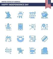 USA Independence Day Blue Set of 16 USA Pictograms of plant cactus court coffee tea Editable USA Day Vector Design Elements