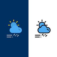 día de la nube temporada de lluvias iconos meteorológicos planos y llenos de línea conjunto de iconos vector fondo azul