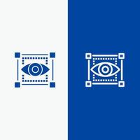 vista visual dibujando línea de ojo y glifo icono sólido banner azul vector