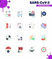 16 Flat Color viral Virus corona icon pack such as pills pharmacy banned travel medical center hospital sign viral coronavirus 2019nov disease Vector Design Elements