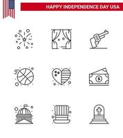 Modern Set of 9 Lines and symbols on USA Independence Day such as flag heart gun sports basketball Editable USA Day Vector Design Elements