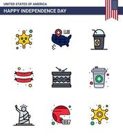 Big Pack of 9 USA Happy Independence Day USA Vector Flat Filled Lines and Editable Symbols of parade instrument american drum frankfurter Editable USA Day Vector Design Elements