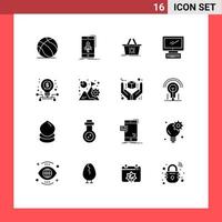 Set of 16 Commercial Solid Glyphs pack for pc device phone monitor shopping Editable Vector Design Elements