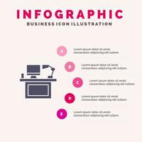 Computer Desk Desktop Monitor Office Place Table Solid Icon Infographics 5 Steps Presentation Background vector