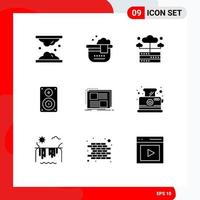 Group of 9 Solid Glyphs Signs and Symbols for professional loudspeaker bathroom hifi server Editable Vector Design Elements