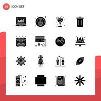 Pack of 16 Universal Glyph Icons for Print Media on White Background