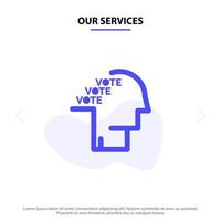 nuestros servicios boleta electoral encuesta referéndum discurso icono de glifo sólido plantilla de tarjeta web vector