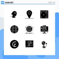 Pack of 9 creative Solid Glyphs of network global dice data soccer Editable Vector Design Elements