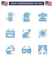 Blue Pack of 9 USA Independence Day Symbols of usa guiter independece film cinema Editable USA Day Vector Design Elements