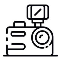 cámara con icono de flash, estilo de esquema vector