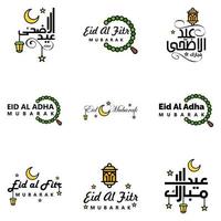 conjunto de 9 vectores eid mubarak feliz eid para ti en estilo de caligrafía árabe guión rizado con estrellas lámpara luna