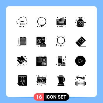 16 User Interface Solid Glyph Pack of modern Signs and Symbols of notebook medical graph bottle pie Editable Vector Design Elements