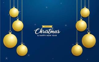 Christmas blue background with hanging shining golden balls. Merry christmas greeting card. Holiday Xmas and New Year poster. web banner vector