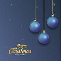 feliz navidad banner azul oscuro con bolas. tarjeta de Navidad vector