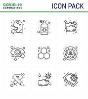 Covid19 icon set for infographic 9 Line pack such as eye infection conjunctivitis handcare water wash viral coronavirus 2019nov disease Vector Design Elements