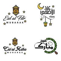 conjunto de 4 vectores eid mubarak feliz eid para ti en estilo de caligrafía árabe escritura rizada con estrellas lámpara luna