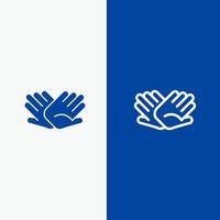 las manos de caridad ayudan a ayudar a las relaciones línea y glifo icono sólido bandera azul línea y glifo icono sólido bandera azul vector