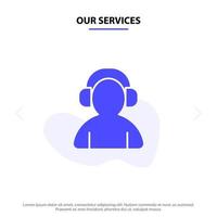 nuestros servicios avatar soporte hombre auriculares glifo sólido icono plantilla de tarjeta web vector