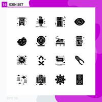 Modern Set of 16 Solid Glyphs Pictograph of cookie view fridge search eye Editable Vector Design Elements