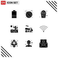 Mobile Interface Solid Glyph Set of 9 Pictograms of wifi connection snacks love transport bike Editable Vector Design Elements