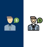 Man Work Job Dollar  Icons Flat and Line Filled Icon Set Vector Blue Background