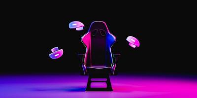 Gamer's chair surrounded and virtual reality goggles. 3d render photo