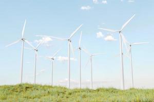 several wind turbines on a green field. 3D render photo