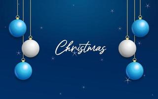 Christmas blue background with hanging shining white and Silver balls. Merry christmas greeting card vector