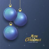 feliz navidad banner azul oscuro con bolas. tarjeta de Navidad vector