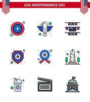 Happy Independence Day USA Pack of 9 Creative Flat Filled Lines of investigating sign state star shield Editable USA Day Vector Design Elements