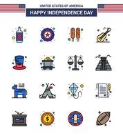 4 de julio estados unidos feliz día de la independencia icono símbolos grupo de 16 líneas planas modernas llenas de carro presidentes sombrero de comida americano editable día de estados unidos elementos de diseño vectorial vector