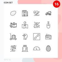 Modern Set of 16 Outlines and symbols such as case briefcase heart roller construction Editable Vector Design Elements