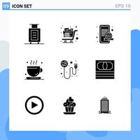 Pack of 9 Modern Solid Glyphs Signs and Symbols for Web Print Media such as plug tea marketing office coffee Editable Vector Design Elements