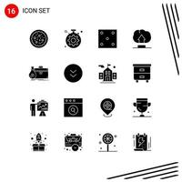 Group of 16 Modern Solid Glyphs Set for open business game briefcase upload Editable Vector Design Elements