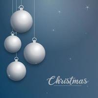 Vector Christmas banner with decorations. Merry Christmas text. silver ornaments on blue background