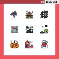 Mobile Interface Filledline Flat Color Set of 9 Pictograms of business weight dollar weighing machine Editable Vector Design Elements