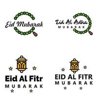 Vector Greeting Card for Eid Mubarak Design Hanging Lamps Yellow Crescent Swirly Brush Typeface Pack of 4 Eid Mubarak Texts in Arabic on White Background