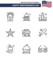 9 USA Line Pack of Independence Day Signs and Symbols of elephent star landmark police washington Editable USA Day Vector Design Elements