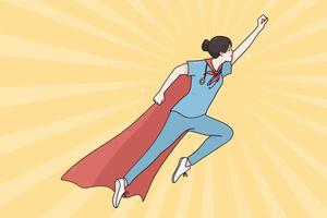 Superhero doctor in medicine during pandemic concept. Doctor female wearing superhero cape flying up ready to help during coronavirus outbreak vector illustration