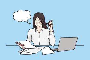Working in office, career and professional occupation concept. Portrait of young smiling female worker person sitting at desk reading paper bill or contracting thinking vector illustration