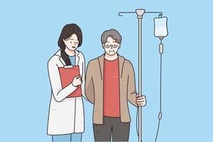 Fighting with cancer and healthcare concept. Elderly man with cancer during chemotherapy recovering from illness in hospital with nurse or doctor walking nearby vector illustration