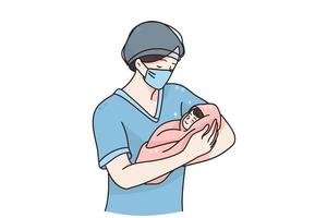 partera o médico con concepto de recién nacido. mujer enfermera doctora o partera con máscara médica de pie sosteniendo a un bebé recién nacido en las manos en la ilustración vectorial del hospital de maternidad