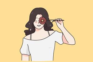 International woman day, flowers gift concept. Young happy smiling woman holding orange Gerbera daisy covering her eye with eyes closed vector illustration