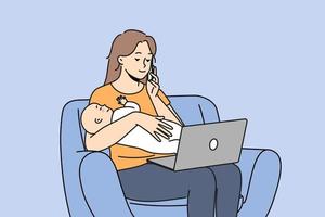 Young mother with newborn baby work on computer at home online. Busy mom with infant child multitask working remote talking on cell. Vector illustration.